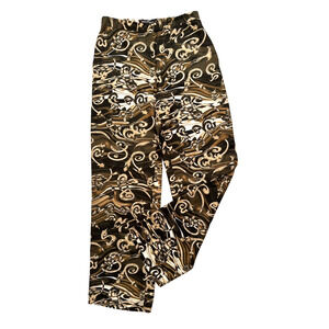 Salvatore Ferragamo Silk Pants 12 Wide-Leg Brown Cream Abstract Zip Fly Pockets